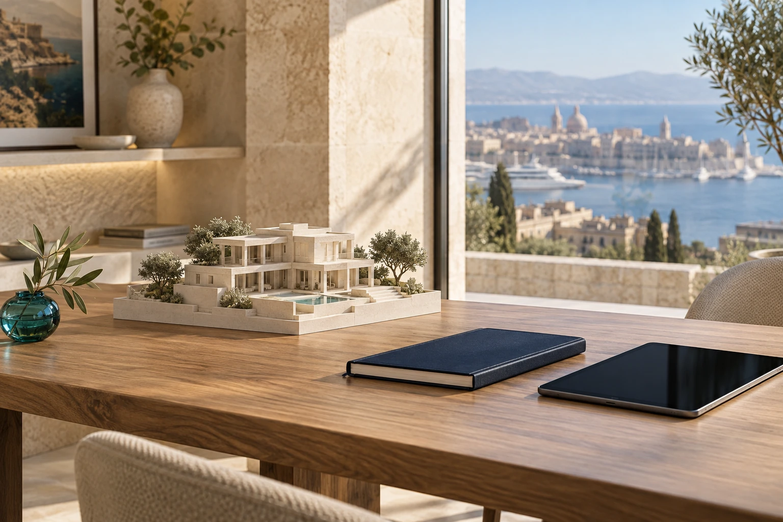 Mimari maket, defter ve tablet ile modern bir çalışma alanı